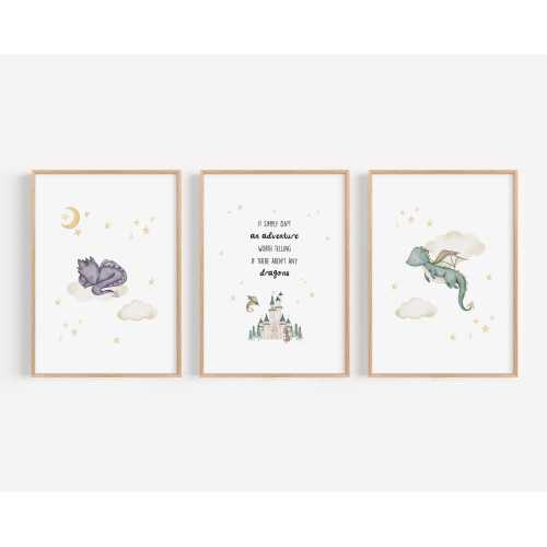 Fantasy Dragon Nursery Wall Art Storybook Baby Room Decor Watercolor Castle Prints Whimsical Playroom Art Magical Kids Room Decor GON2-A3