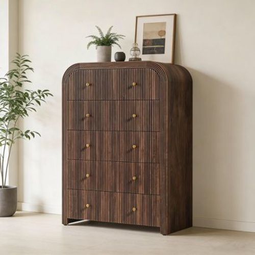 Modern Fluted 5 and 6 Drawer Dresser, Curved Profile Wood Storage Organizer for Bedroom, Living Room, Hallway