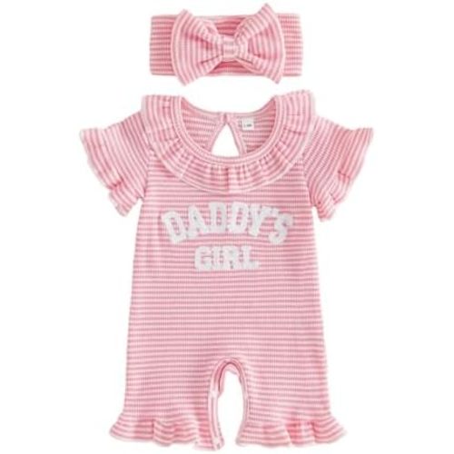 Tsultryofs Baby Girl Romper Newborn Infant Summer Jumpsuit Letter Embroidery Ruffle Crew Neck Romper with Headband
