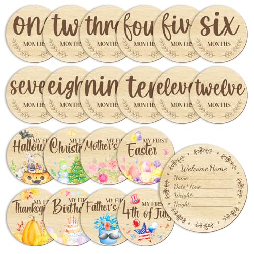 Glodecart 11PCS Baby Monthly Milestone for Photo Props, Wooden Double Sided Monthly Milestone Photo Cards for Baby Announcement Newborn Shower Gifts Party, First Holiday Milestones Signs Wooden Discs