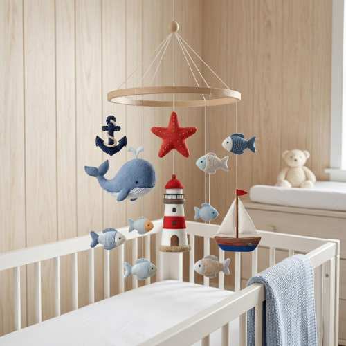 Personalized Ocean Baby Mobile, Felt Sea Life Crib Mobile, Handmade Whale Lighthouse Anchor Nursery Decor, Coastal Beach Baby Shower Gift