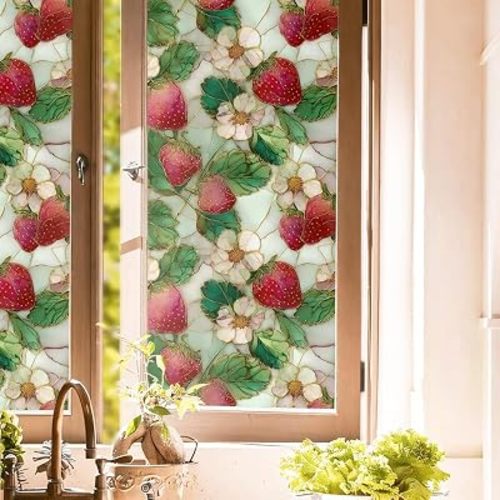 16"x118" Botanical Strawberry Flower Leaf Double Side Window Films Art Abstract Privacy Tinting Film Self-Adhesive Static Glass Window Clings Stickers for Living Room Bathroom Glass Decor