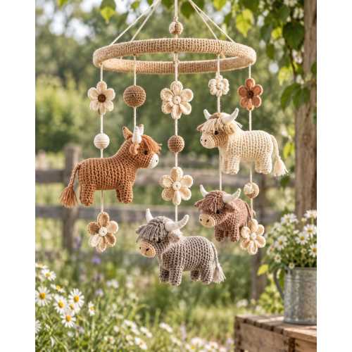 Crochet Highland Cow Baby Mobile, Farm Animal Crib Mobile, Neutral Rustic Nursery Decor, Boho Baby Shower Gift