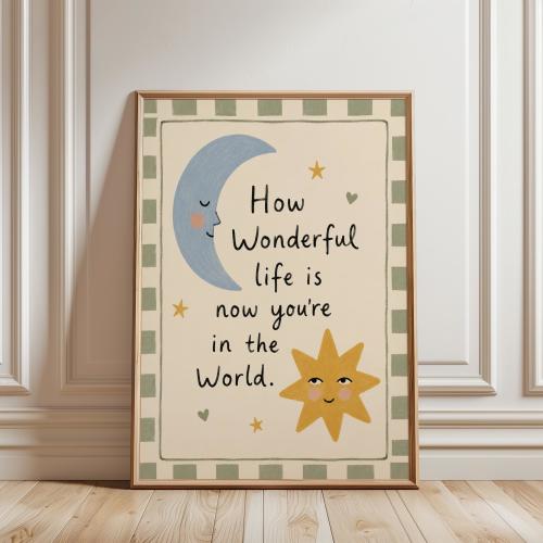 How Wonderful Life Is Nursery Print, Moon and Star Wall Art, Baby Room Decor, Whimsical Kids Poster, New Baby Gift