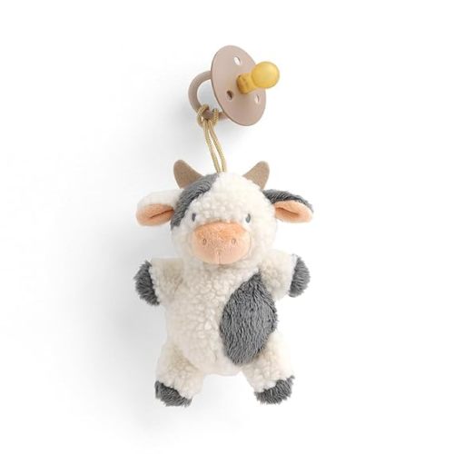 Itzy Ritzy Pacifier & Lovey Set - Natural Rubber Pacifier with Stuffed Animal Lovey - Detachable Plush Cow Binky Holder & Coordinating Natural Rubber Binky, Ideal for Ages 0-6 Months (Cow)
