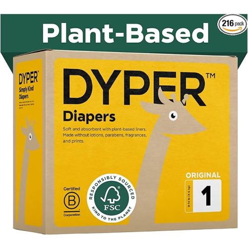 DYPER Monthly Pack Baby Diapers Size 1 (216 Count) - Leak-Proof & Plant Based, Hypoallergenic, Fragrance Free & Ultra Absorbent Size 1 Diapers for Day and Overnight Skin Protection
