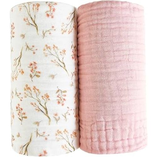 Pack of 2 Ultra Soft Muslin Baby Blankets for Girls Boys Breathable Lightwight Cotton Muslin Swaddle Blankets for Infant Toddler Newborn Nursery Swaddling Wrap 43"X43" (Floral and Pink)