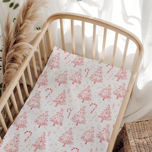 Pink Christmas Pine Trees Candy Fitted Baby Crib Sheet for Boys Girls 52x28x9 in Festive Winter Holiday Fitted Crib Sheet Fits Standard Cribs and Toddler Mattresses Bed Sheet