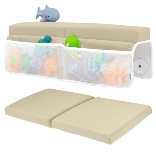 Comfortable Baby Bath Kneeler and Elbow Rest Pad Set – Thick Memory Foam Bath Kneeling Pad with Elbow Support – Baby Bathtub Cushion with Toy Organizer for Bathing Infant or Toddler - Beige