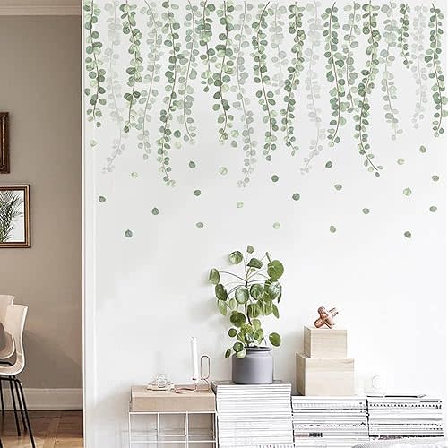 Runtoo Eucalyptus Vine Leaves Wall Decals Hanging Green Plants Wall Stickers Living Room Bedroom Nursery Home Decor