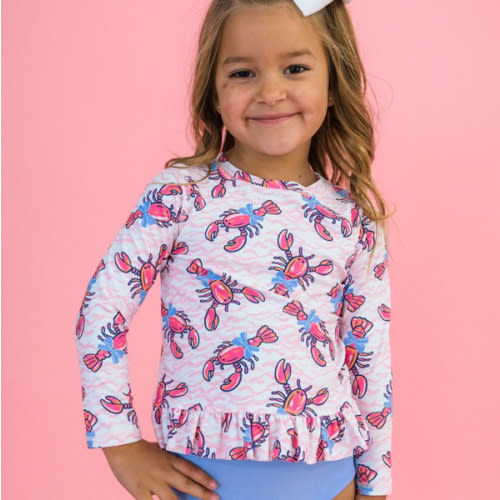 Pink Lobster Lagoon Long Sleeve Rash Guard Bikini | RuffleButts & RuggedButts