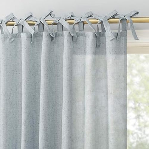 Sun Zero Roxy Generation Slub Texture Tacked Bow Semi-Sheer Tie Top Curtain Panel, 50" x 84", Faded Blue