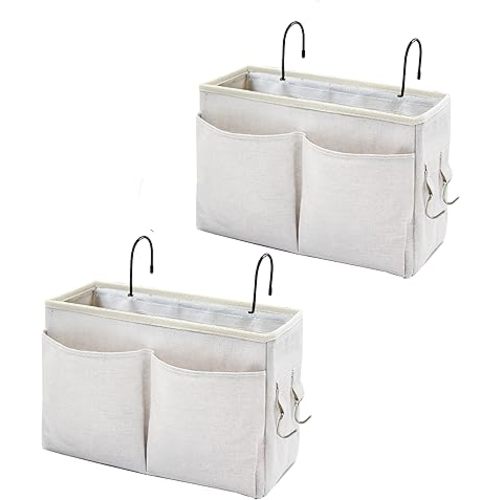 Bedside Caddy Organizer & Bedside Storage Basket Multi-Function Organizer for Bunk, Hospital Beds, Dorm Bed Rails,| Holds Magazines, Books, Glasses, Phone | Space-Saving (White 2 Pack)