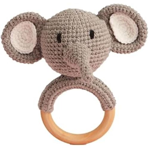 Chippi & Co Wooden Crochet Baby Rattle, Crochet Toys Stuffed Animals Easter Gifts for Kids, Wooden Newborn Toys, Easter Basket Stuffers, Basket Filler, Baby Shower Decor (Eddy The Elephant)