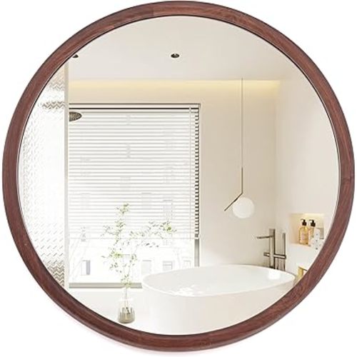 Round Wall Mirror 20/30 Inch Walnut/Oak Wood Grain Rustic Framed Vanity Bathroom Brown Farmhouse Decorative Mirror for Living Room Mantel Entryway Bedroom Hallways (Walnut, 30" L x 30" W)
