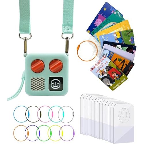 Silicone Case for Yoto Mini and Card Holder for Yoto Cards, Protective Silicone Adventure Jacket with Shoulder Strap, 200 PCS Tabs 10 Loops Kids Travel Carrier of Yoto Accessories, Aqua