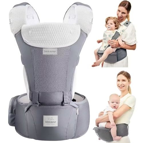 Bebamour Baby Carrier Newborn to Toddler-2 in 1 Hip Seat & Carrier Front and Back Carry with Head Hood & 3 Pieces Teething Pads& Waist Extenders & Storage Bag 0-36 Months (New Grey)