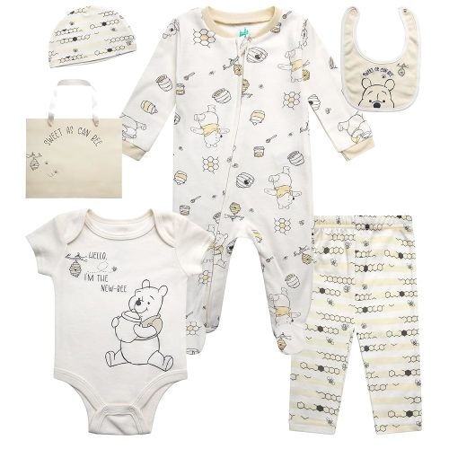 Disney Newborn Baby Girl Boy Clothes - 7 Piece Mickey Mouse Winnie the Pooh Bib Onesie Overall Beanie Pants Gift Bag Gift Set