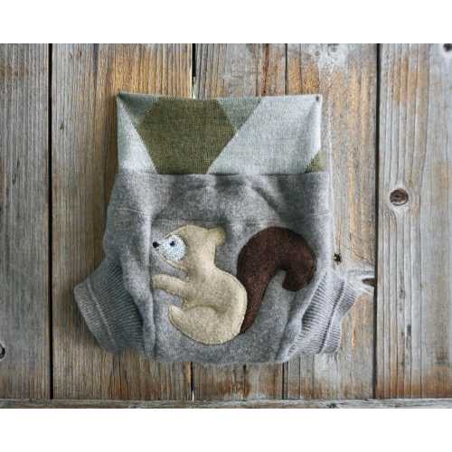 Upcycled Cashmere / Merino Wool Diaper Cover Soaker Cover With Added Doubler Tan With Squirrel Applique MEDIUM 6-12 Months