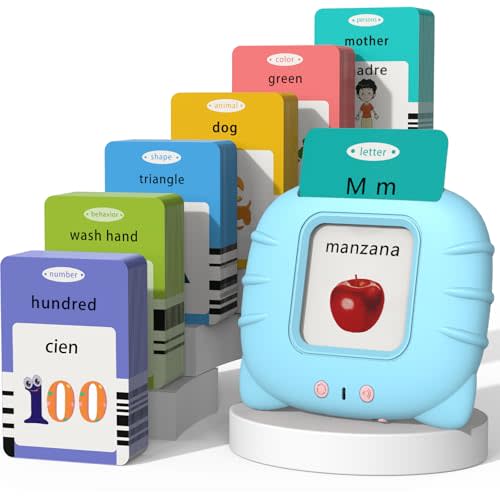 Startcan Spanish & English Talking Flash Cards for Girls 3-6, Audible Toys with Music to Learn Numbers 0-100, Letters, Phrases and More Spanish and English Vocabulary - 278 Cards and 556 Words(Blue)