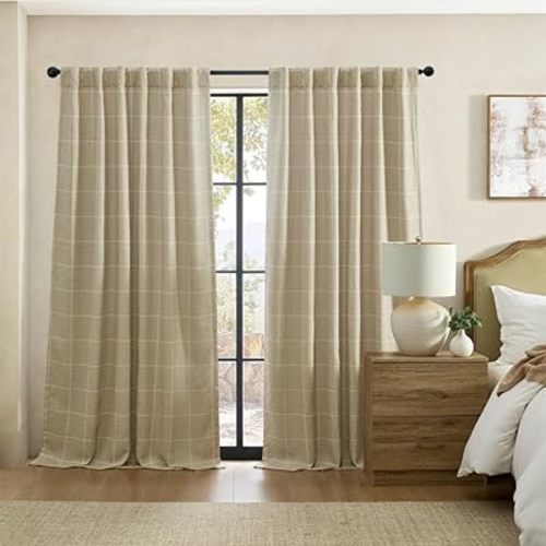 Elrene Home Fashions Sawyer Windowpane Plaid Room Darkening Single Window Curtain Panel with Rod Pocket/Back Tabs for Living Room/Bedroom/Office, 52"x84", Sand