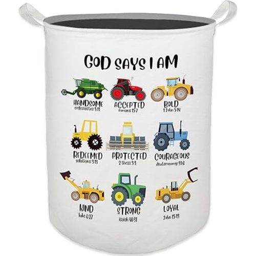 God Says I Am Construction Kids Laundry Basket, Toybox for Boys Room, Christian Laundry Basket Hamper Waterproof Collapsible Clothes Toys Storage Bin Organizer for Bedroom Bathroom Boys Room