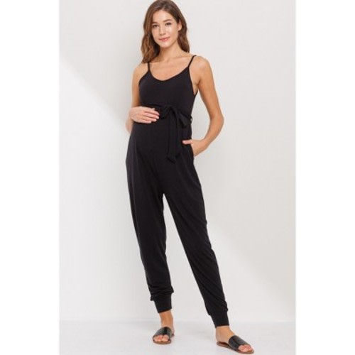 Hello Miz Women's Scoop Neck Empire Waist Sleeveless Maternity Jumpsuit - Black - Large