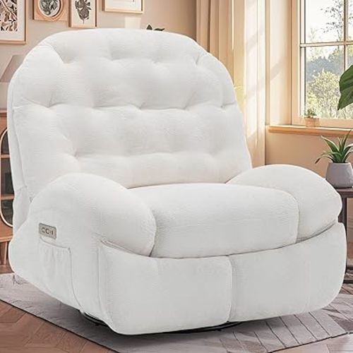 Oversized Swivel Recliner Chair, Nursery Rocking Power Recliner Chair for Adults, Electric Recliner, Comfortable Soft Shell Shaped Recliner with USB Ports and Storage for Living Room