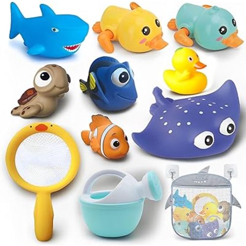 Bath Toys for Kids Ages 1-3, No Hole Bath Toys for Babies 6-12 Months, Wind-up Ducks Baby Pool Toys, Rubber Duck Watering Can Fishing Net Water Toys for Toddlers, Bath Toy Storage