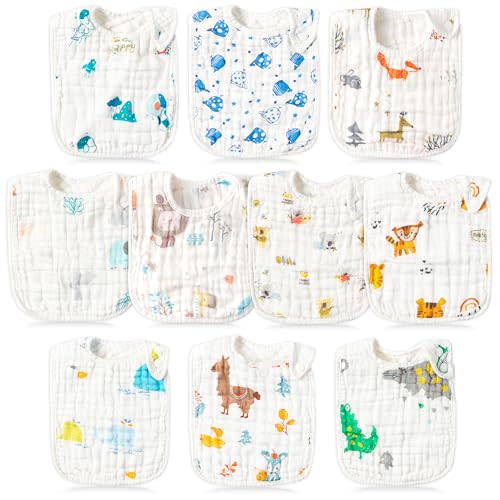 BUoonyer 10pcs Snap Muslin Cotton Bibs, Baby Bandana Drool Bibs, Adjustable Soft Absorbent Cotton Scarf