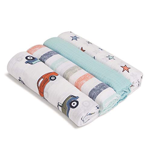 Aden by aden + anais Swaddle Blanket, Muslin Blankets for Girls & Boys, Baby Receiving Swaddles, Ideal Newborn Gifts, Unisex Infant Shower Items, Toddler Gift, Wearable Swaddling Set, 4 Pack, Cars