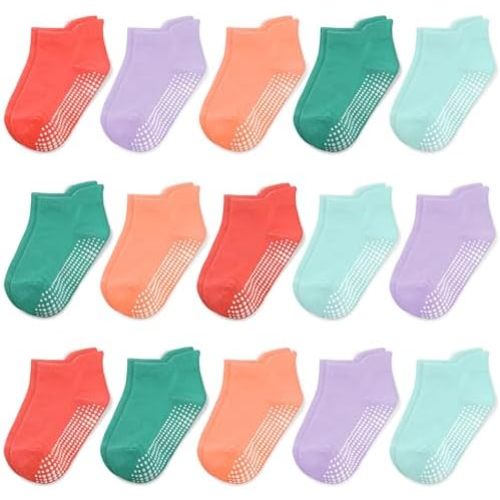 HYCLES 15 Pairs Toddler Socks, Kids Grip Socks for 6-12 Month 1-7 Years Non Slip Ankle Sock for Baby Boys Girls