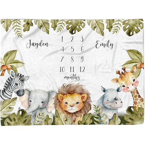 MDPrints Twin Milestone Baby Blanket, Custom Monthly Blankets for Twins Boys and Girls, Customized Gifts with Name (Twin Safari HPDK02)