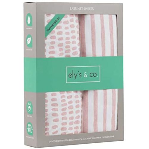 Ely's & Co. Patent Pending Waterproof Bassinet Sheet, No Need for Bassinet Mattress Pad Cover, 2 Pack Mauve Pink Splash & Stripes,for Baby Girl