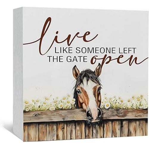 Horse Decor Sign, Farm House Cottagecore Animal Wooden Signs, Rustic Farmhouse Animal Live Like Someone Left The Gate Open Wood Sign Home Decor, Horse Gifts For Women 6x6