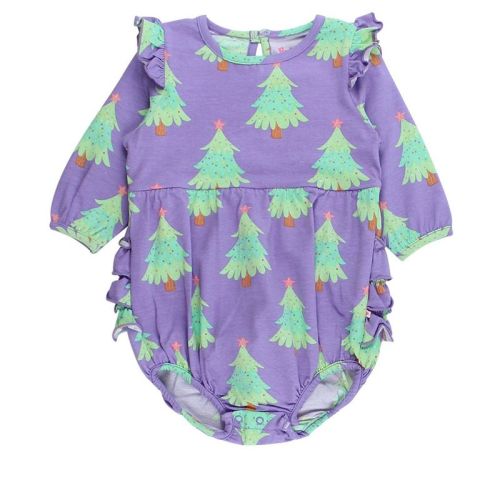 Rufflebutts Baby Toddler Girls Long Sleeve Flutter Bubble Romper - Purple Twinkling Trees, 0-3m