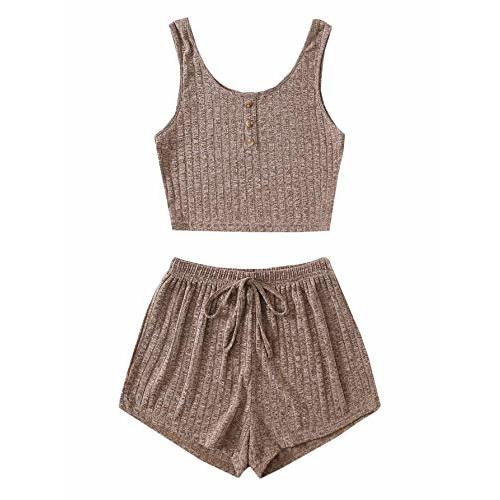 SOLY HUX Women's Button Front Ribbed Knit Tank Top and Shorts Pajama Set Sleepwear Lounge Sets
