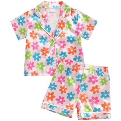 Toddler Baby Kids Satin Summer Pajamas Set Short Sleeve Button-Down Pajamas Top Pants 2Pcs Loungwear Sleepwear Pjs