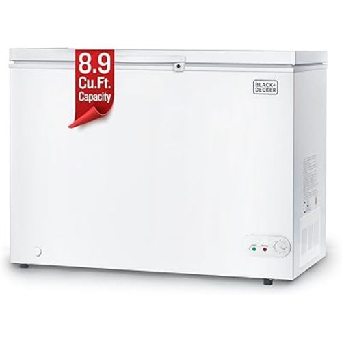 BLACK+DECKER 8.9 Cu. Ft. Chest Freezer, Deep Freezer with Top Opening, Freezer Chest with 2 Removable Storage Baskets, Mechanical Temperature Control, Manual Defrost, R600a Refrigerant, BCF890E,White