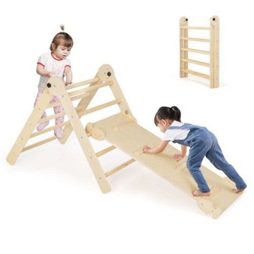 Costway 3-in-1 Triangular Climbing Toys Foldable & Height-adjustable Triangle Set Natural