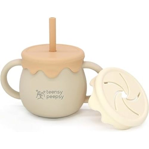 Honey Jar Pot 3-in-1 Silicone Training Cup 8.5oz, Unisex Baby Sippy Cup with Straw & Snack Lid for 6 months+ Break Resistant Straw Cup for Toddler Smoothie Drinkware (Sandy Beige)
