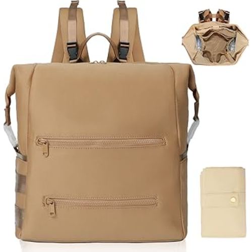 Diaper Bag Backpack,Large Neoprene Baby Bag for Boys Girls with 15 Diaper Bag Organizer,2 Insulated Pockets,Changing Pad,Stroller Straps,Brown