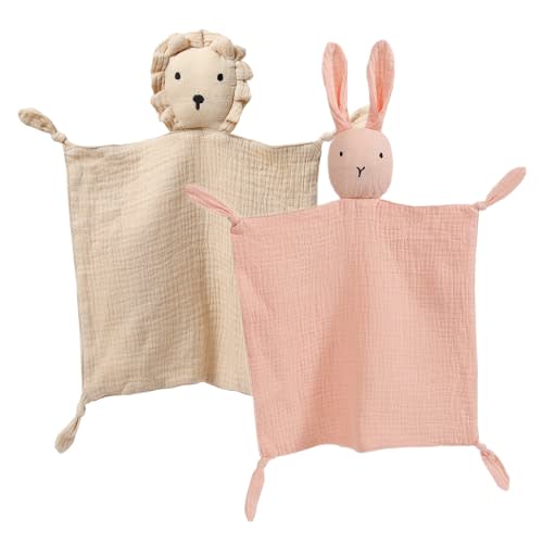 insular Lovey Blanket for Boys and Girls, Cotton Muslin Security Blanket for Babies, Bunny Lion Lovie Soothing Towel for Newborn and Infant, 2 Pcs Set (Pink&Khahi)