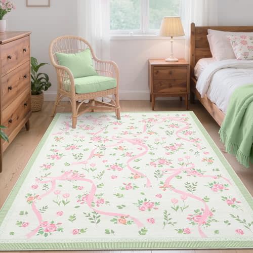 GarveeHome Coquette Pink and Green Bow Rugs for Bedroom Girls, 3x5 Rug for Living Room with Soft Low Pile, Floral Washable Area Rug for Nursery Kids Dorm Playroom