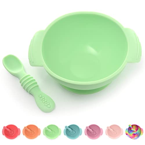 PrimaStella Unbreakable Silicone Non-Slip Bowl and Chew Spoon Set for Babies and Toddlers (Green)
