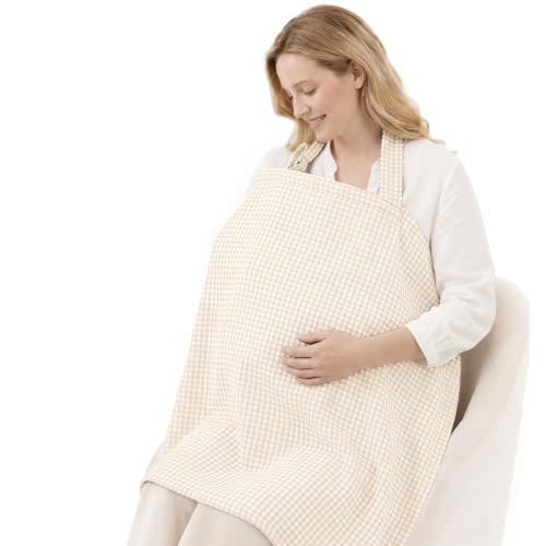 Blissful Diary Muslin Nursing Cover for Breastfeeding, Breathable Breastfeeding Cover up with Arch Neckline for Women, Nursing Apron (Beige Gingham)