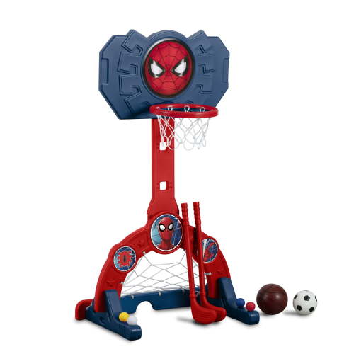 Spider-Man 4-in-1 Sports Center – Adjustable Basketball Hoop, Soccer/Hockey Net & Golf Game, Red