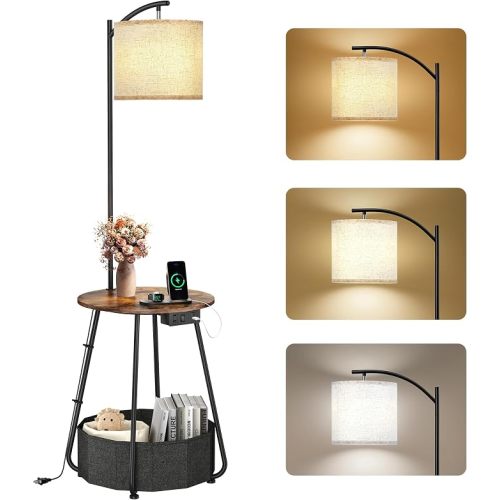 LUTEC Floor Lamp with Table, End Table with Charging Station(USB & Type-C & AC Port), Round SideTable with Fabric Basket, 3 Color Temperatures 9W LED Bulb, Modern Nightstand for Bedroom, Living Room