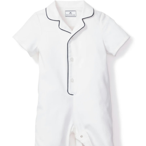 Baby's Twill Summer Romper in White With Navy Piping