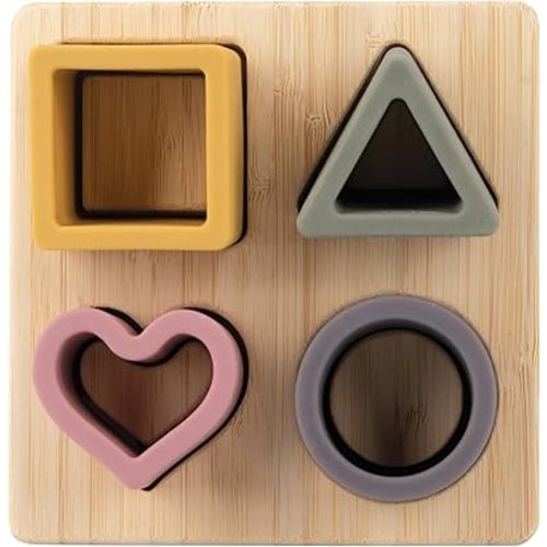 Nuby Soft Silicone Puzzle Toy with Wooden Base, Promotes Hand-Eye Coordination